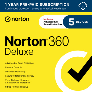 Norton 360 Deluxe, Antivirus Software, 5 Devices, 1 Year Subscription, PC/Mac/iOS/Android