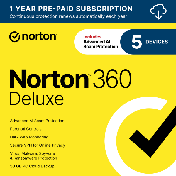 Norton 360 Deluxe, Antivirus Software, 5 Devices, 1 Year Subscription, PC/Mac/iOS/Android
