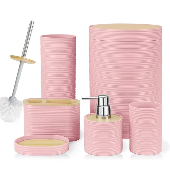 CERBIOR Bathroom Accessories Set 6 Pcs Bathroom Set Ensemble Complete Soap Dispenser Toothbrush Holder Tumbler Soap Dish Toilet Cleaning Brush Trash Can, Pink