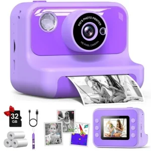 2.4″ Instant Print Camera for Kids, 1080P HD Instant Kids Camera 32G Card & Photo Paper for Girls Boys Age 6-12 Birthday Gifts – Purple