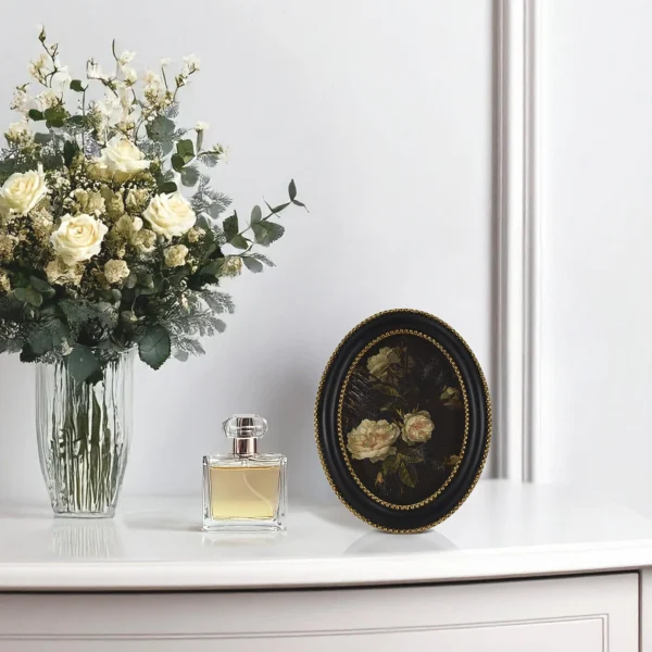 Home Decor Collection Black Round Wall Art or Tabletop, White Rose Floral Print by Antoine Monnoyer with Gold Beaded Frame, Classic Decorative Artwork, 6x8