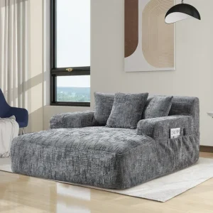 Homefun 61″Chenille Oversized Chaise Lounge Chair Indoor No Assembly Required Sofa Bed with side bag 3 Pillows