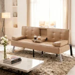 Gewnee Futon Sleeper Sofa Bed Modern PU Couch Convertible Folding Recliner Living Room Furniture with 2 Cup Holders for Guest Room,Living Room