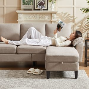 Jarenie 80″ Convertible Sectional Sofa, Small L Shaped 3 Seat Couch with Reversible Storage Chaise, Modern Polyester Fabric Sofa Couches for Living Room, Apartment and Small Space, Beige