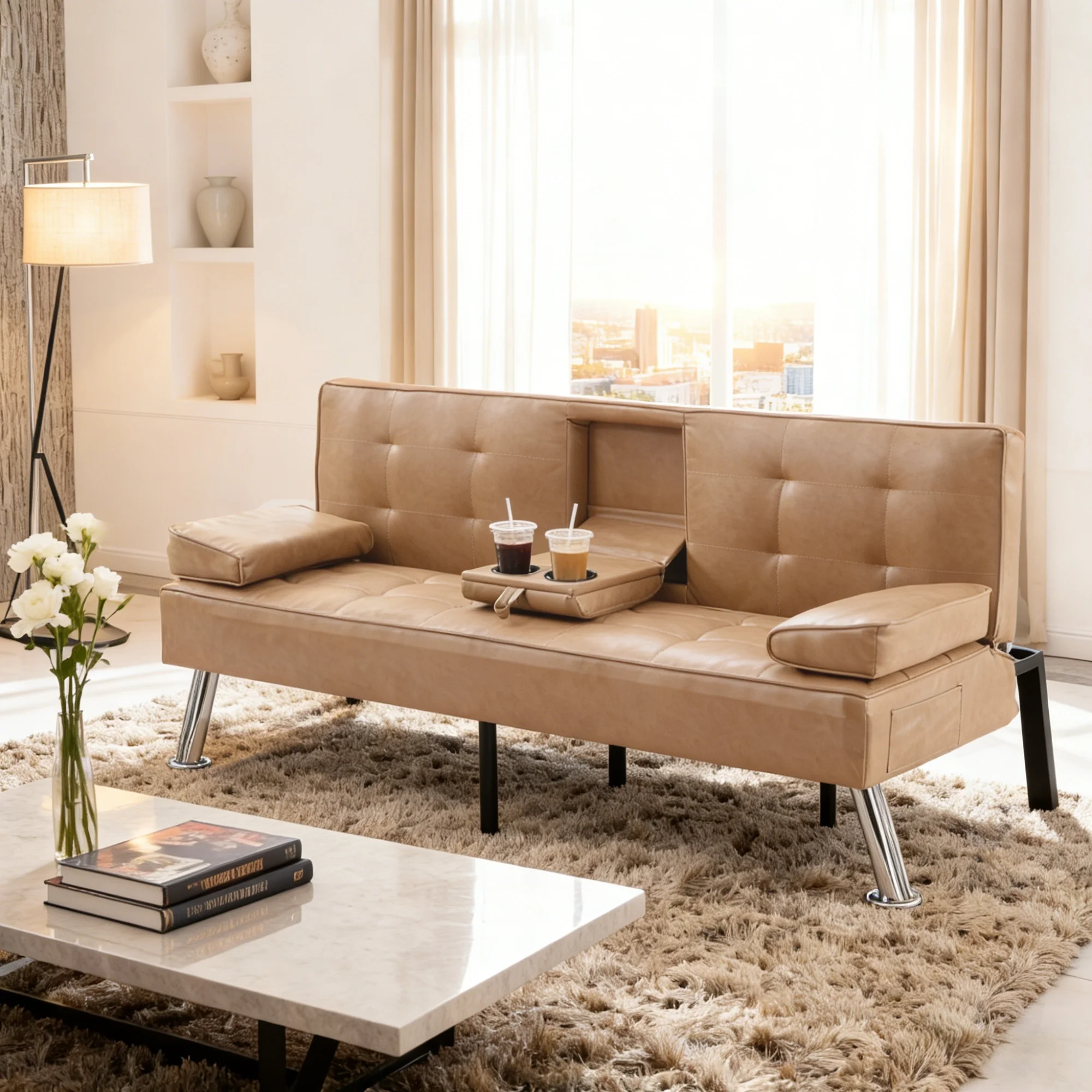 Gewnee Futon Sleeper Sofa Bed Modern PU Couch Convertible Folding Recliner Living Room Furniture with 2 Cup Holders for Guest Room,Living Room