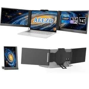 AEEZO 14Inch 1080P IPS Laptop Screen Extender | 280° Rotatable Portable Monitor, Plug & Play, Fits 13-17.3″ Laptops, Compatible with Windows/Mac/Android/Chrome(Type-C/USB Interfaces, Requires DP)
