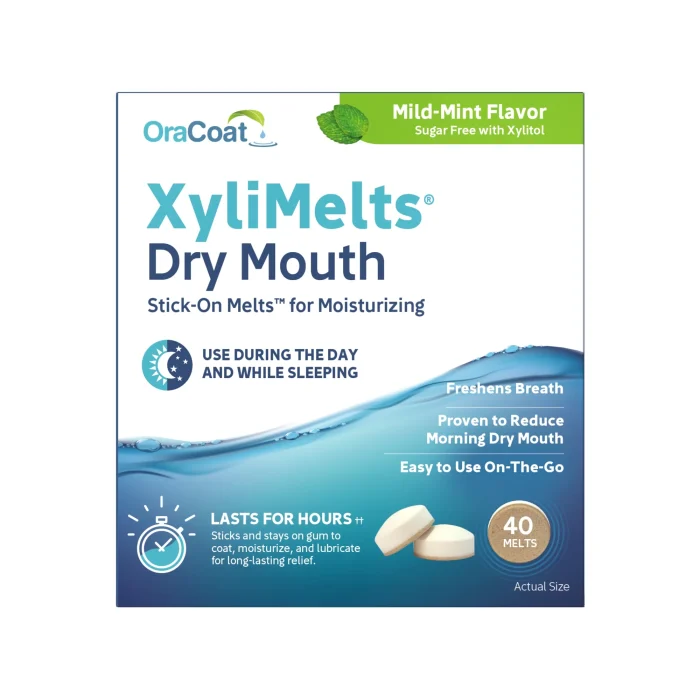 OraCoat XyliMelts Dry Mouth Relief Moisturizing Oral Adhering Discs 40 Count, Mild Mint with Xylitol, for Dry Mouth, Stimulates Saliva, Non-Acidic