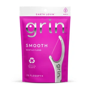 Grin Smooth Flosspyx – 75 ct – Dental Floss Picks, Flossers, Made with Recycled Plastic,  Gentle Floss Tape, Slides Easily Between Tight Teeth, Longer Floss, Safe Fold-Back Pick, Minty Fresh