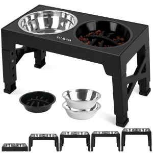 ZALALOVA Elevated Dog Bowls Stand with 2 Stainless Steel Dishes 1 Slow Feeder Dog Bowl, Raised Dog Bowl Adjusts to 5 Heights (3.15″,8.9”,10″,11.2”,12.4″) for Medium and Large Dogs(Black)