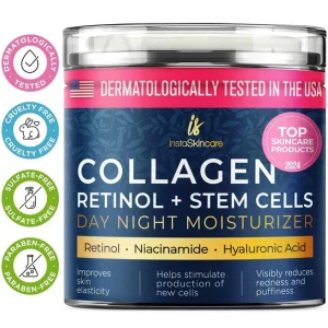Collagen Face Moisturizer with Airless Pump – Collagen Botanical Stem Cells Cream for Skin with Retinol, Niacinamide, Hyaluronic Acid – Anti-Aging Day & Night Cream – Made in USA (1.7 Oz)