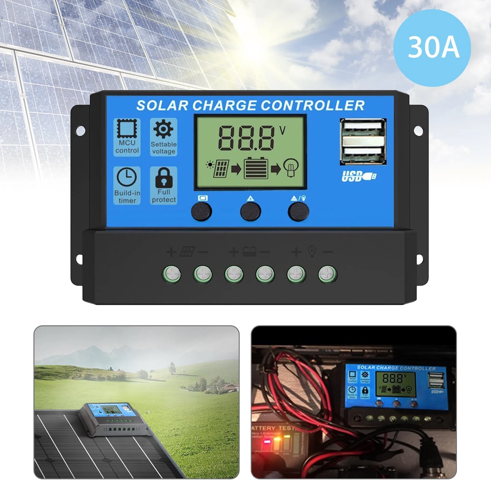 30A Solar Charge Controller, TSV Solar Panel Controller 12V/24V PWM Auto Parameter, Adjustable LCD Display Solar Panel Battery Regulator with Dual USB, Renewable Energy Controllers